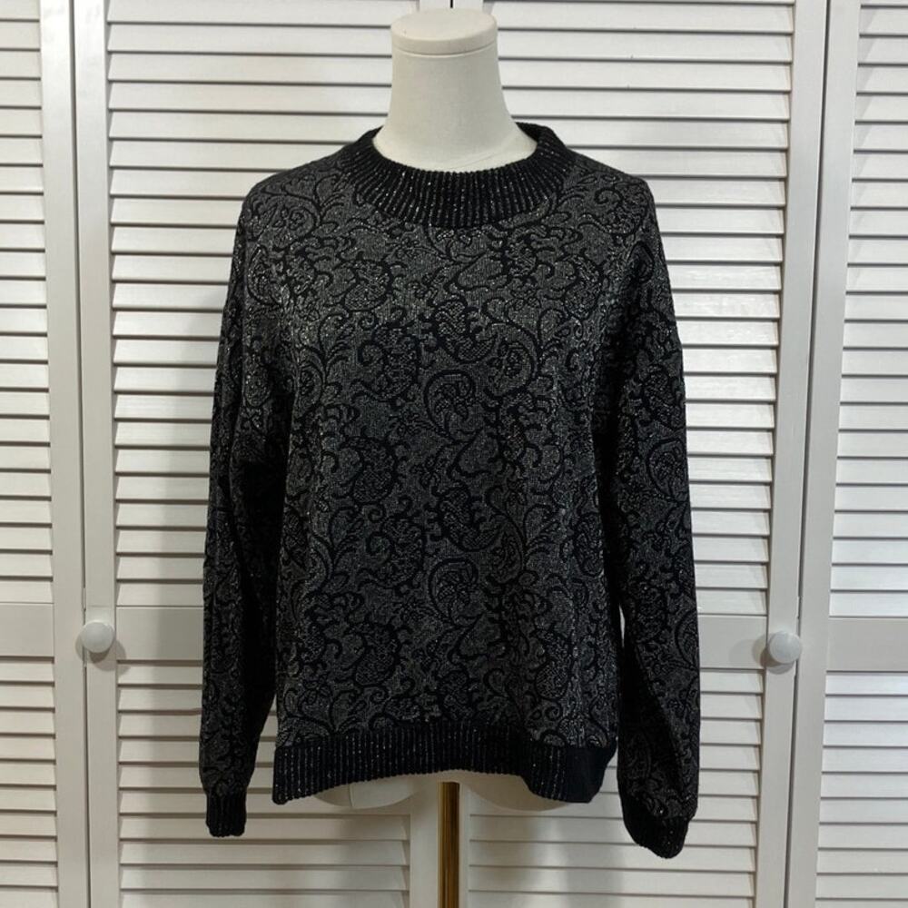 Vintage 80s Cliché Black Metallic Whimsigoth Paisley Damask Knit Sweater L